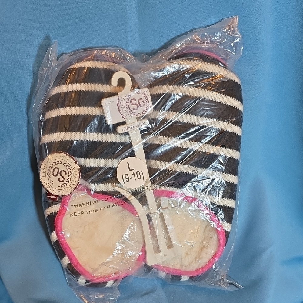 SO Black and White Striped Slippers with Pink Trim